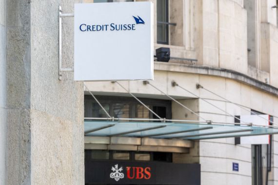 FILE PHOTO: The logos of Swiss bank Credit Suisse and UBS are seen in Geneva, Switzerland, June 7, 2023. REUTERS/Denis Balibouse/File Photo