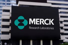 Jakarta - January 31,2023: Merck and Co, Inc. logo seen on billboard. Merck is an American multinational pharmaceutical company and is named for Merck Group, founded in Germany in 1668. MERCK ; Shutterstock ID 2256045835; purchase_order: aljazeera ; job: ; client: ; other: