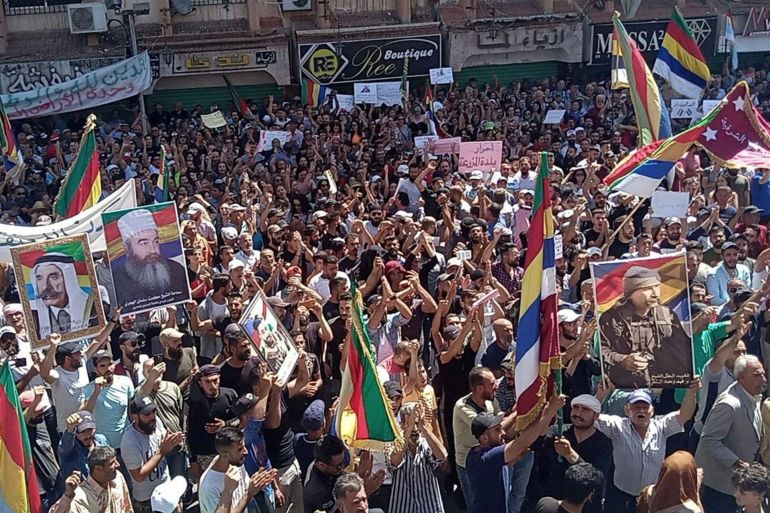 People take part in a protest against Syria's President Bashar al-Assad in the southern Druze city of Sweida, Syria, September 8, 2023. Suwayda 24/Handout via REUTERS THIS IMAGE HAS BEEN SUPPLIED BY A THIRD PARTY. NO RESALES. NO ARCHIVES. MANDATORY CREDIT. MUST NOT OBSCURE LOGO.
