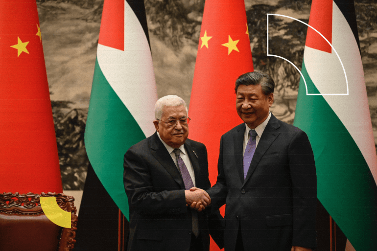 BEIJING, CHINA - JUNE 14: Palestinian President Mahmud Abbas shakes hands with China’s President Xi Jinping after a signing ceremony at the Great Hall of the People in Beijing on June 14, 2023. (Photo by Jade Gao - Pool/Getty Images)