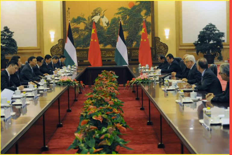 Palestinian President Mahmoud Abbas and the Palestinian delegation attend meeting with Chinese counterparts at the Great Hall of the People in Beijing on May 6, 2013. China is hosting the leaders of Palestine and Israel this week in a sign of its desire for a larger role in the Middle East.