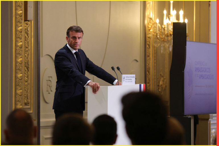 French President Emmanuel Macron gives a speech in front of French ambassadors during the conference of ambassadors at the Elysee Palace, Paris, France, August 28, 2023. TERESA SUAREZ/Pool via REUTERS