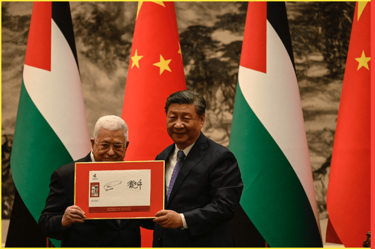 BEIJING, CHINA - JUNE 14: China's President Xi Jinping and Palestinian President Mahmud Abbas attend a signing ceremony at the Great Hall of the People in Beijing on June 14, 2023 in Beijing, China. (Photo by Jade Gao - Pool/Getty Images)