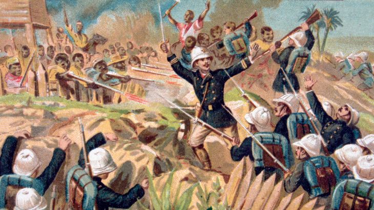 'The Capture of Marovoay, Madagascar', 1895. France invaded Madagascar in 1883 in what became known as the first Franco-Hova War (Hova being the name of the island's Merina aristocrats), seeking to restore property that had been confiscated from French residents. Prior to the French intervention Madagascar was an independent kingdom ruled by the Merina dynasty, but after the war, increasing French interference meant another war broke out in 1895. By the end of the Second Franco-Hova War in 1896 France ruled the island as a protectorate, the monarchy had been abolished and the royal family exiled to Algeria. (Photo by Art Media/Print Collector/Getty Images)