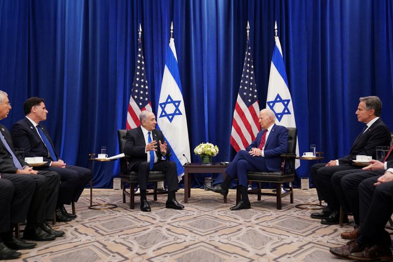 U.S. President Joe Biden and Israeli Prime Minister Benjamin Netanyahu are flanked by their delgations during a bilateral meeting on the sidelines of the 78th U.N. General Assembly in New York City, U.S., September 20, 2023. REUTERS/Kevin Lamarque