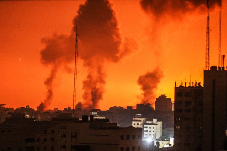GAZA STRIP, GAZA - OCTOBER 27: Smoke rises and billows in different regions of Gaza as Israeli attacks continue on the 21st day in Gaza on October 27, 2023. (Photo by Ali Jadallah/Anadolu via Getty Images)