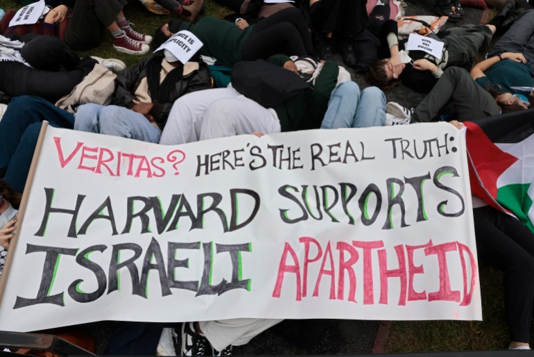 Boston, MA - October 18: A pro-Palestinian protest of Harvard students and their supporters, ends on the lawn behind Klarman Hall, at Harvard Business School, after starting in the Old Yard by Massachusetts Hall. (Photo by Pat Greenhouse/The Boston Globe via Getty Images)
