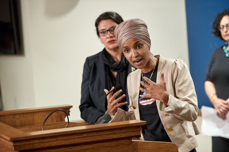 ST PAUL, MN - AUGUST 19: U.S. Reps. Ilhan Omar (D-MN) and Rashida Tlaib (D-MI) hold a news conference on August 19, 2019 in St. Paul, Minnesota. Israeli Prime Minister Benjamin Netanyahu blocked a planned trip by Omar and Tlaib to visit Israel and Palestine citing their support for the boycott, divestment, and sanctions (BDS) movement against Israel. Adam Bettcher/Getty Images/AFP (Photo by Adam Bettcher / GETTY IMAGES NORTH AMERICA / Getty Images via AFP)