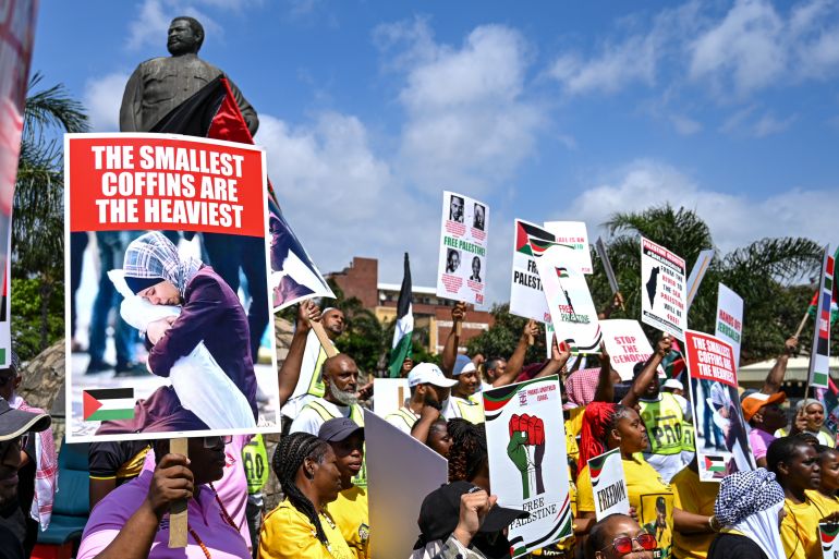 DURBAN, SOUTH AFRICA - OCTOBER 26: Supporters during the ANC KZN Palestinian Solidarity March on October 26, 2023 in Durban, South Africa. The group is standing in solidarity with the Palestinian resistance against Israeli and over the war in the Gaza Strip. (Photo by Darren Stewart/Gallo Images via Getty Images)
