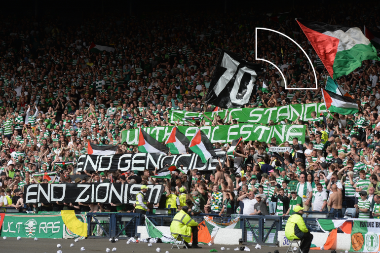 GLASGOW, SCOTLAND - MAY 19: Celtic fans hold up signs showing support for Palestine during the Scottish Cup Final between Celtic and Motherwell at Hampden Park on May 19, 2018 in Glasgow, Scotland. (Photo by Mark Runnacles/Getty Images)