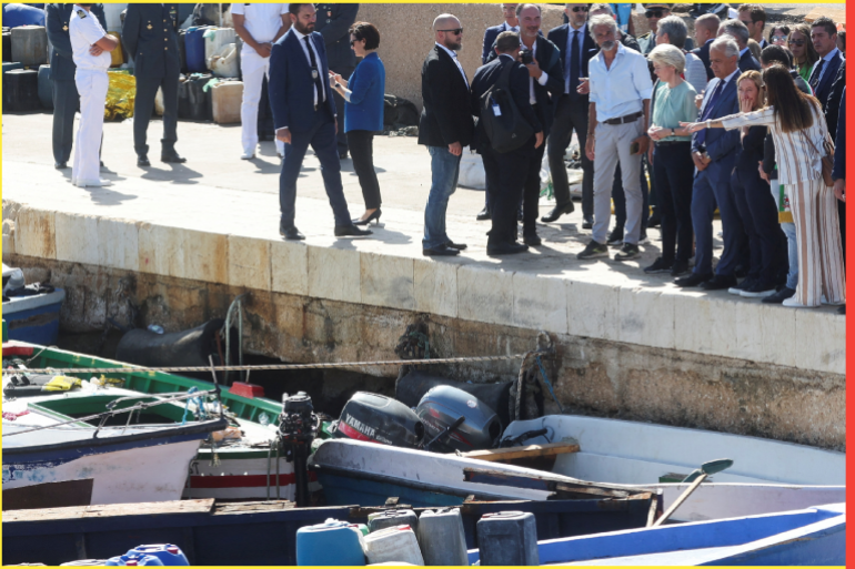 European Commission President Ursula von der Leyen and Italian Prime Minister Giorgia Meloni visit the port where migrants arrive, on the Sicilian island of Lampedusa, Italy, September 17, 2023. REUTERS/Yara Nardi