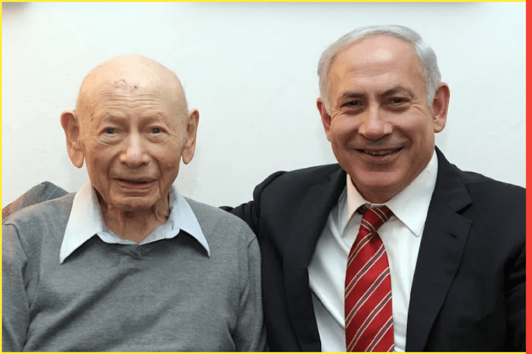 2012: (ISRAEL OUT) In this handout photo released by the Israeli Government Press Office (GPO), Israeli Prime Minister Benjamin Netanyahu (R) sits with his father Professor Benzion Netanyahu on March 25, 2012 in an unspecified location. Benzion Netanyahu, 102, died at home on April 30, 2012 in Jerusalem, Israel. (Photo by Avi Ohayon/GPO via Getty Images) (Getty)