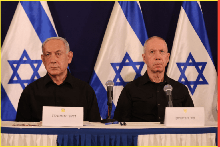 TOPSHOT - Israeli Prime Minister Benjamin Netanyahu (L) and Defence Minister Yoav Gallant attend a press conference in the Kirya military base in Tel Aviv on October 28, 2023 amid ongoing battles between Israel and the Palestinian group Hamas. Netanyahu said on October 28 that fighting inside the Gaza Strip would be "long and difficult", as Israeli ground forces operate in the Palestinian territory for more than 24 hours. (Photo by Abir SULTAN / POOL / AFP)