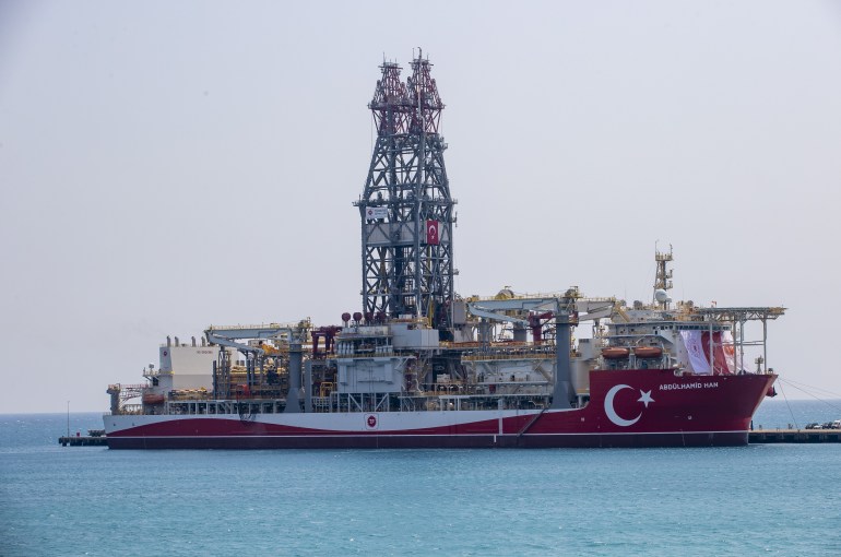 MERSIN, TURKIYE - AUGUST 09: Abdulhamid Han drillship anchored off Port of Tasucu of Mersin, Turkiye as drillship to be set off from the port city of Mersin,Turkiye to begin hydrocarbon exploration in the Mediterranean Sea on August, 09, 2022. Abdulhamid Han drill ship's mission to be operated by the state energy company Turkish Petroleum Corporation (TPAO). The Turkish Abdulhamid Han drillship is 238 meters (780 feet) long and 42 m (137 ft) wide and weighs 68,000 gross tons with a maximum drilling depth of 12,200 m (40,026 ft). It has a tower height of 104 m (341 ft) and a crew capacity of 200. (Photo by Emin Sansar/Anadolu Agency via Getty Images)