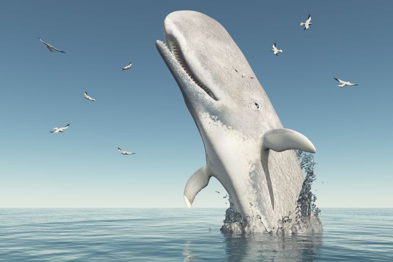 Computer generated 3D illustration with a sperm whale jumping out of the water
