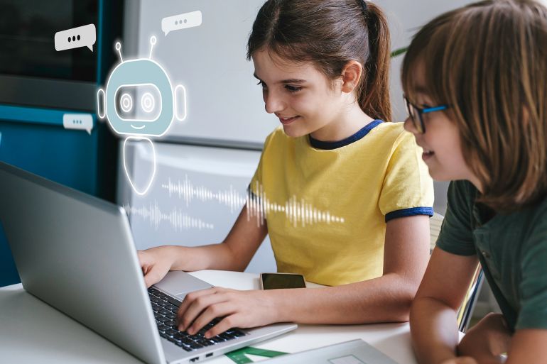 Children using system AI Chatbot in computer or mobile application. Chatbot conversation, Ai Artificial Intelligence technology. OpenAI generate. Futuristic technology. Virtual assistant on internet.