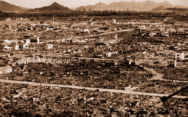 Hiroshima in ruins after the 6th August atomic bomb attack on the city, Japan, 1945. (Photo by: Universal History Archive/Universal Images Group via Getty Images)