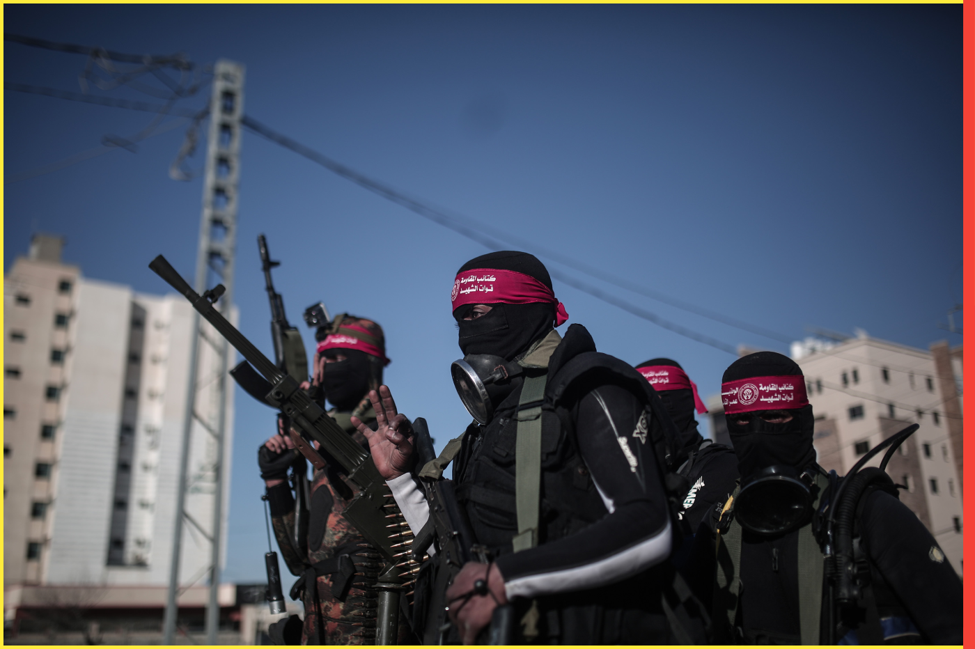 Military parade of National Resistance Brigades in Gaza- - GAZA CITY, GAZA - JUNE 08: Masked fighters of the National Resistance Brigades, the military wing of the Democratic Front for the Liberation of Palestine (DFLP) parade in Gaza City, Gaza on June 08, 2021.