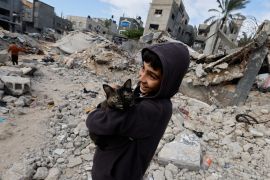 A Palestinian child holds a cat, while standing on the rubble of houses destroyed in Israeli strikes during the conflict, amid the temporary truce between Hamas and Israel, at Khan Younis refugee camp in the southern Gaza Strip November 27, 2023. REUTERS/Mohammed Salem