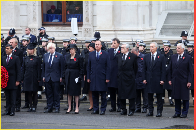 LONDON, ENGLAND - NOVEMBER 12: (L-R) British Prime Minister Rishi Sunak and former Prime Ministers Liz Truss, Boris Johnson, Theresa May, David Cameron, Gordon Brown, Tony Blair and John Major attend the National Service of Remembrance at The Cenotaph on November 12, 2023 in London, England. Every year, members of the British Royal family join politicians, veterans and members of the public to remember those who have died in combat. (Photo by Toby Melville - WPA Pool/Getty Images)