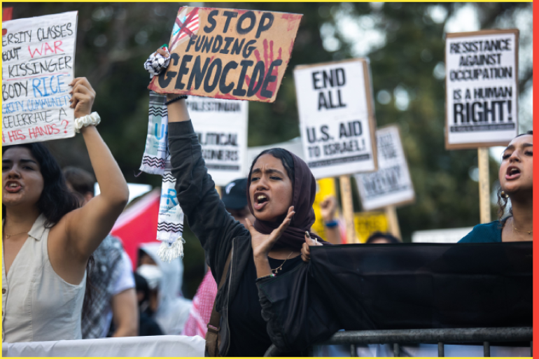 On October 26, 2023 protesters gathered outside of a Rice University gala in Houston, Texas to condemn the school's hosting of Henry Kissinger and Hillary Clinton amid the Palestinian occupation and war. Many demonstrators held signs in support of Palestine, waved Palestinian flags