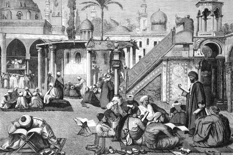 Arab University in Cairo, Egypt. Wood engraving after a drawing by Wilhelm Gentz (German painter, 1822 - 1890), published in 1869.