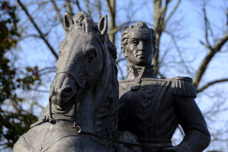 BRUSSELS, BELGIUM - NOVEMBER 3: Equestrian statue of the Venezuelan military and political leader who led what are currently the countries of Colombia, Venezuela, Ecuador, Peru, Panama and Bolivia to independence from the Spanish Empire Simon Jose Antonio de la Santisima Trinidad Bolivar Palacios Ponte y Blanco also known as 'The Liberator' is seen Avenue Frankin Roosvelt at the end of the Avenue du Venezuela on November 3, 2023 in Brussels, Belgium. Simon Bolivar is one of the emblematic figures of the emancipation of the Spanish colonies in South America from 1813. He participated decisively in the independence of Bolivia, Colombia, Ecuador, Panama, Peru and Venezuela and also participated in the creation of Gran Colombia, which he wanted to become part of a large political and military confederation bringing together all of Latin America, and of which he was the first president. (Photo by Thierry Monasse/Getty Images)