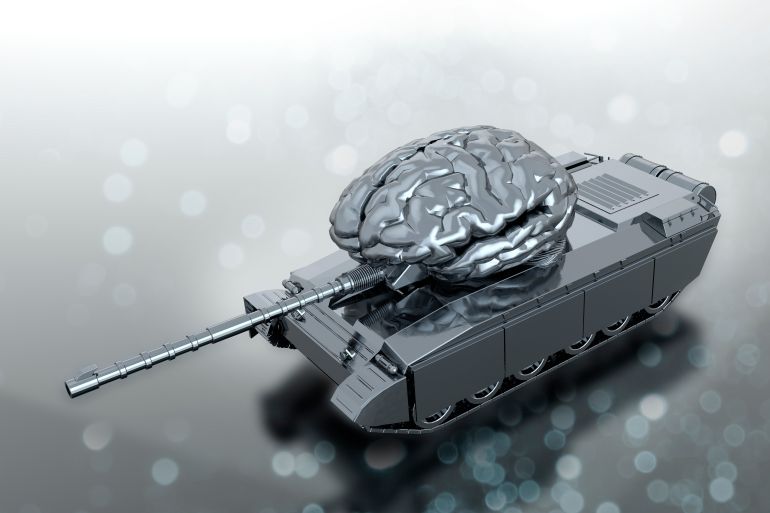 Human brain on army tank, illustration.