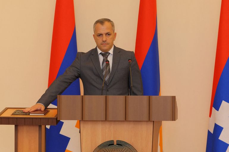 Samvel Shahramanyan, who was elected by the local parliament as the new president of Azerbaijan's breakaway region of Nagorno-Karabakh, attends the inauguration ceremony in Stepanakert