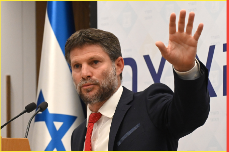 Israeli Finance Minister Bezalel Smotrich, of the far-right Religious Zionist Party, speaks at a press conference in his office in Jerusalem, on Tuesday, August 9, 2023. Smotrich defended withholding 2.5 billion shekels in funds for Israeli Arab towns and East Jerusalem.