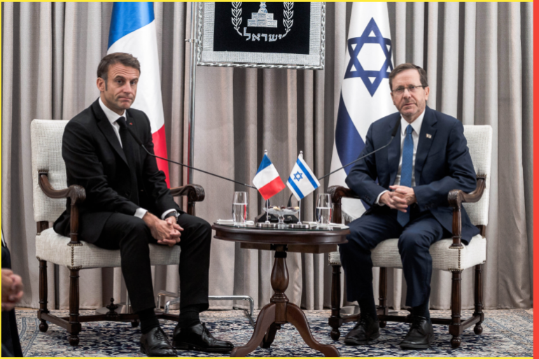 Interview between the French President, Emmanuel Macron and the Israeli President, Isaac Herzog. Residence of the President of Israel, Beit HaNassi. Jerusalem, Israel. October 24, 2024 .
