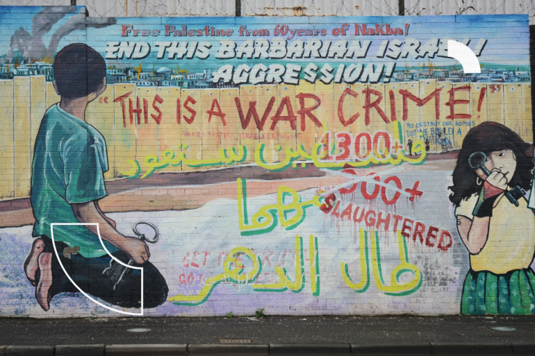 BELFAST, NORTHERN IRELAND - DECEMBER 31: a mural criticises Israeli aggression in Palestine on December 31, 2011 in Belfast, Northern Ireland.