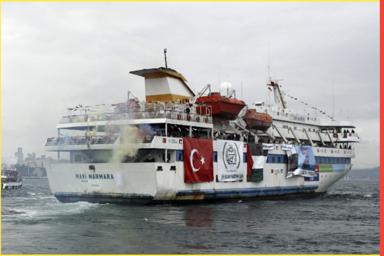 Turkish cruise ship Mavi Marmara, carrying pro-Palestinian activists and humanitarian aid to Gaza, leaves from Sarayburnu port in Istanbul May 22, 2010. The ship, sponsored by Turkey's Islamic and pro-Palestinian rights group, The Foundation for Human Rights and Freedoms and Humanitarian Relief (IHH), will join an international flotilla aiming to break Gaza blockade expected to sail at the end of May. REUTERS/Emrah Dalkaya (TURKEY - Tags: POLITICS)