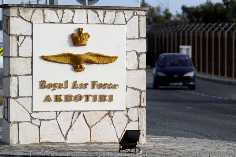 View of the gate of RAF Akrotiri, a military base Britain maintains on Cyprus, April 13, 2018. Picture taken April 13, 2018. REUTERS/Yiannis Kourtoglou