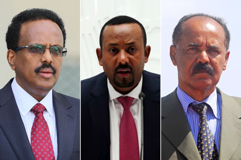كومبو رئيس الوزراء الإثيوبي آبي أحمد والرئيس الإريتري أسياس أفورقي والرئيس الصومالي محمد عبد الله