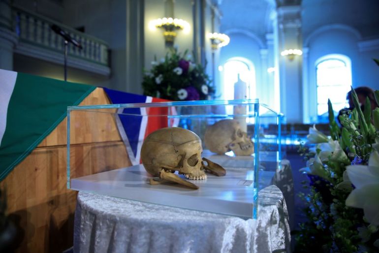 BERLIN, GERMANY - AUGUST 29: A ceremony held at Frenzosische Dom in Berlin for the victims of Namibian genocide, on August 29, 2018 in Berlin, Germany. Germany on Wednesday handed over the remains of some 20 Herero and Nama people murdered in the early 20th century by German colonial troops in Namibia.