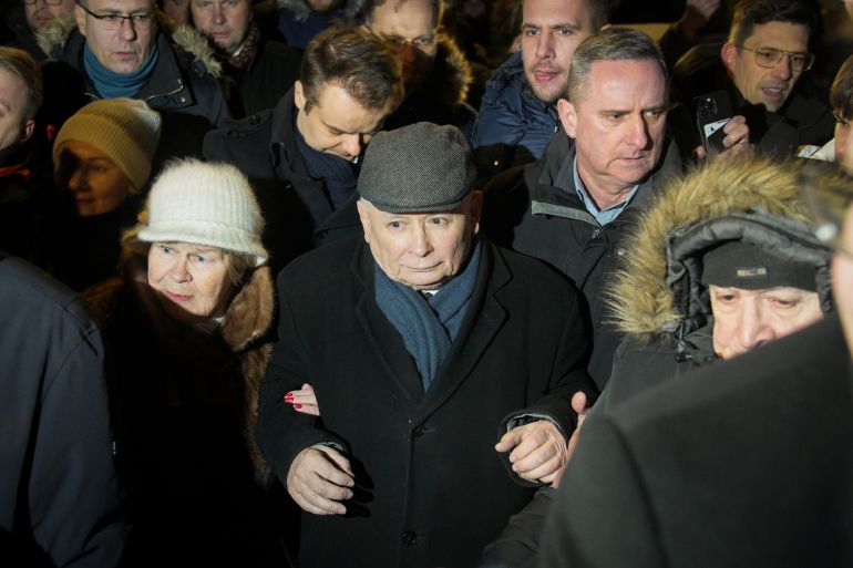 Former de facto Polish leader Jaroslaw Kaczynski is seen leaving after an unsuccesful attempt to enter the Grochow police station in Warsaw, Poland on 09 January, 2023. Scuffles between protesters and police erupted after supporters of two detained opposition MPs tried to breack into a police station. Maciej Wasik and Mariusz Kaminski on Tuesday were arrested on charges of abuse of power at the Presidential Palace where they sought refuge. (Photo by Jaap Arriens/NurPhoto via Getty Images)