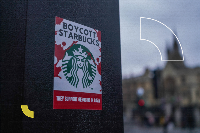 A sticker in Westminster to boycott the cofee giant Starbucks over the perceived support of Israel in the war in Gaza