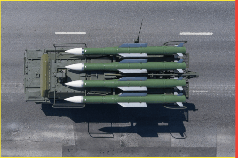 Moscow, Russia – May 9, 2018. SAM 9A317 Buk-M2 with a 9M317 missile returns from the Red Square after the Victory Parade, top view.