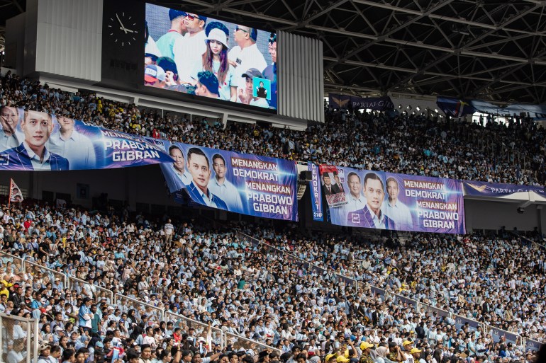 JAKARTA, INDONESIA - FEBRUARY 10: A view of the supporters of Indonesia's Defence Minister and presidential candidate Prabowo Subianto and his running mate Gibran Rakabuming Raka, attend a campaign rally in Jakarta, Indonesia on February 10, 2024. (Photo by Garry Andrew Lotulung/Anadolu via Getty Images)