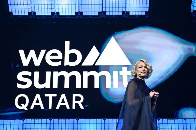 Doha , Qatar - 26 February 2024; Katherine Maher, CEO, Web Summit on Centre Stage during the opening night of Web Summit Qatar 2024 at the Doha Exhibition and Convention Center in Doha, Qatar. (Photo By Harry Murphy/Sportsfile for Web Summit Qatar via Getty Images)