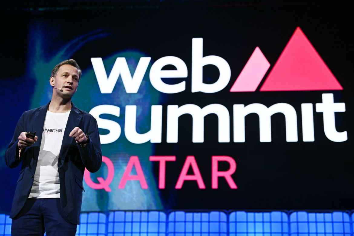 Doha , Qatar - 26 February 2024; Christian Hense, Co-founder & COO, Universal DX on Centre Stage during the opening night of Web Summit Qatar 2024 at the Doha Exhibition and Convention Center in Doha, Qatar. (Photo By Harry Murphy/Sportsfile for Web Summit Qatar via Getty Images)