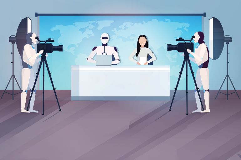 robotic cameramen recording robot and woman tv presenters sitting at table in news studio artificial intelligence technology live news concept world map background horizontal vector illustration