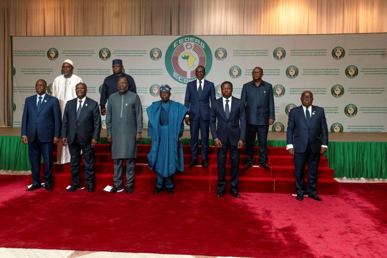 Senegal President Macky Sall, Ivory Coast President Alassane Ouattara, President of Economic Community of West African States Commission Omar Touray, Nigerian President Bola Ahmed Tinubu, Togo's President Faure Gnassingbe, Ghana President Nana Akufo-Addo, Vice President of Gambia Muhammad B.S Jallow, Sierra Leone President Julius Maid Bio, Benin Republic President Patrice Talon and Guinea-Bissau President Umaro Sissoco Embalo during the Economic Community of West African States (ECOWAS) Extraordinary Session of the Authority of Heads of State and Government on the political, Peace and Security Situation in the ECOWAS sub-region in Abuja, Nigeria February 24, 2024. REUTERS/Marvellous Durowaiye NO RESALES. NO ARCHIVES