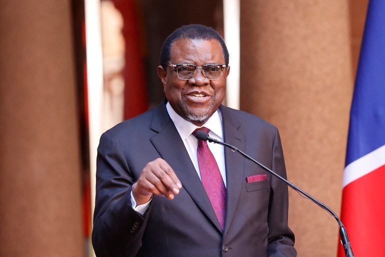 (FILES) Namibian President Hage Geingob speaks during a joint press conference with South African President Cyril Ramaphosa during his state visit to South Africa at the Union Buildings in Pretoria on April 20, 2023. - Namibia's President Hage Geingob died early on February 4, 2024 in a hospital in Windhoek, the presidential office said in a statement on social media platform X. (Photo by Phill Magakoe / AFP)