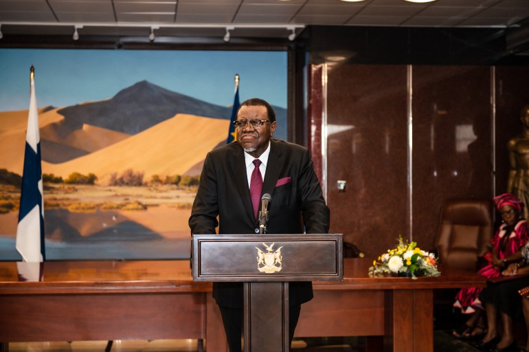 Namibian President Hage Geingob addresses a joint press conference with Finland President Sauli Niinisto (not seen) at the end of their meeting at Namibia State House in Windhoek on April 27, 2023. (Photo by Tara Mette / AFP)