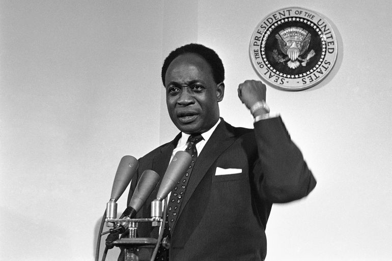 President Kwame Nkrumah emphasizes a point during an informal news conference he held with newsmen in the White House, Washington on March 8, 1961 following his conference with President Kennedy on the general situation in Africa, and the prospects of peace in the Congo. (AP Photo)