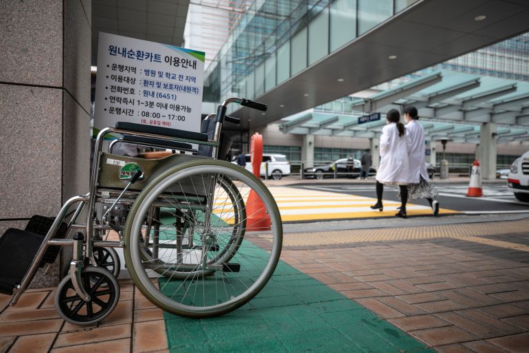 A wheelchair at the Catholic University of Korea Seoul St. Mary's Hospital in Seoul, South Korea, on Thursday, Feb. 29, 2024. The South Korean government is seeking to have its first talks with doctors who have walked off the job in protest of a plan to increase slots of medical schools, as a deadline looms for them to return to work or face punishment. Photographer: Jean Chung/Bloomberg via Getty Images