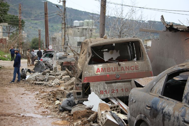 NABATIEH, LEBANON - MARCH 27: Cars that has become unusable are seen after Israeli airstrikes on southern Lebanon, Hebbariyeh town on March 27, 2024. Israeli warplanes launched an airstrike on the Islamic Medical Society in the town of al-Habbariyeh in southern Lebanon. As a result of the attack, the building was destroyed and the surrounding structures were heavily damaged. It was reported that there were dead and injured people in the attack. ( Ramiz Dallah - Anadolu Agency )