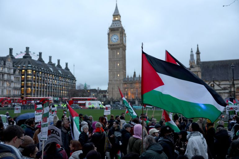 People demonstrate on the day of a vote on the motion calling for an immediate ceasefire in Gaza, amid the ongoing conflict between Israel and the Palestinian Islamist group Hamas, in London, Britain, February 21, 2024. REUTERS/Isabel Infantes